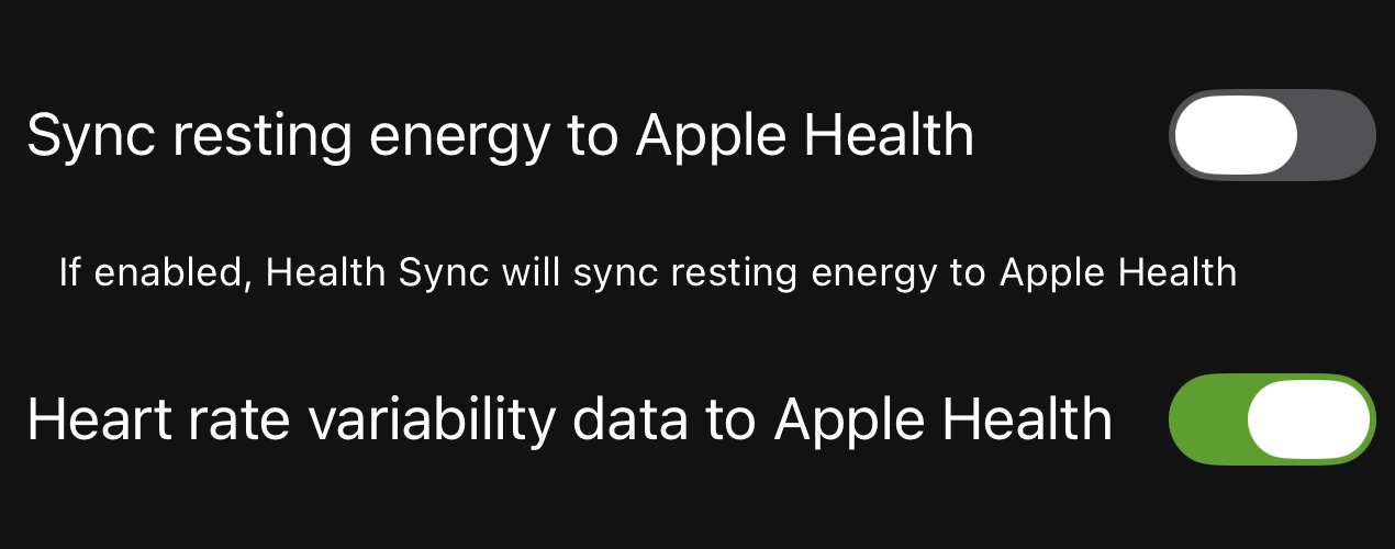 Health Sync settings with resting energy disabled and HRV syncing enabled