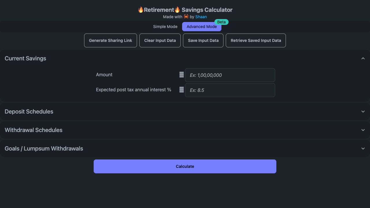 FireCalc retirement savings inputs