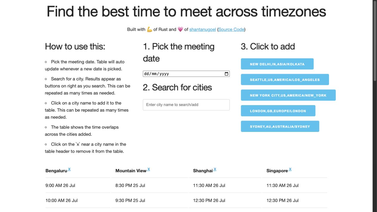 Time To Meet timezone comparison table